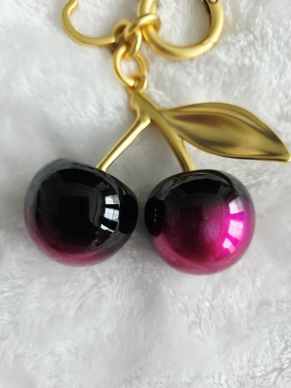 Gold Cherry Keychain with Black-to-Pink Ombre Cherries Beautiful Bag Charm